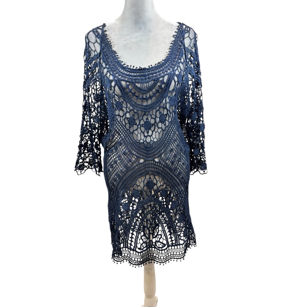Ladies Purple Crochet Long Sleeve Swim Cover Up Size Medium
